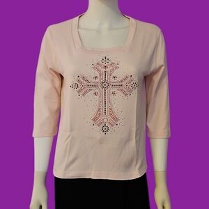 3/$30 ISAAC'S DESIGNS Pastel Pink Embellished Cross Square Neck Top
